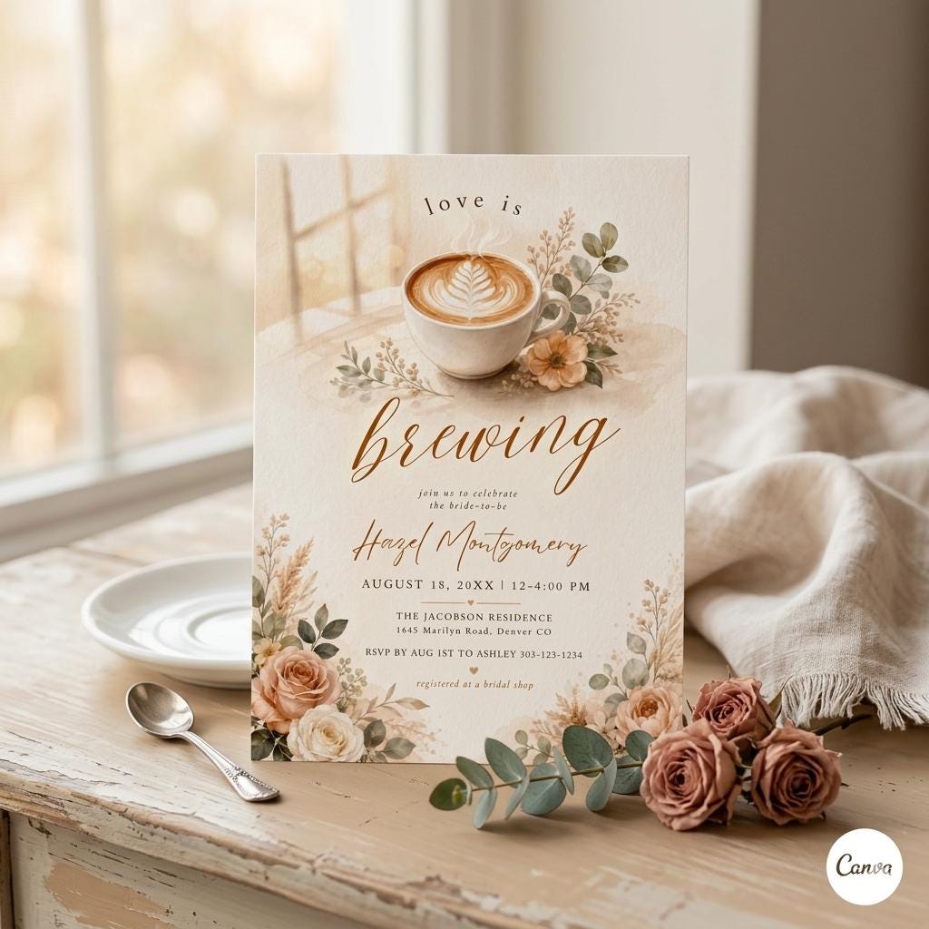 Bridal Shower Invitation: "Love is Brewing" Coffee Theme (Digital Download)