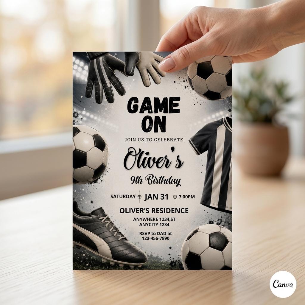 Editable Soccer Birthday Invitation Template, Football Invite, Kids Soccer Invite, Instant Download, Canva. Let's Kick it Soccer Invite