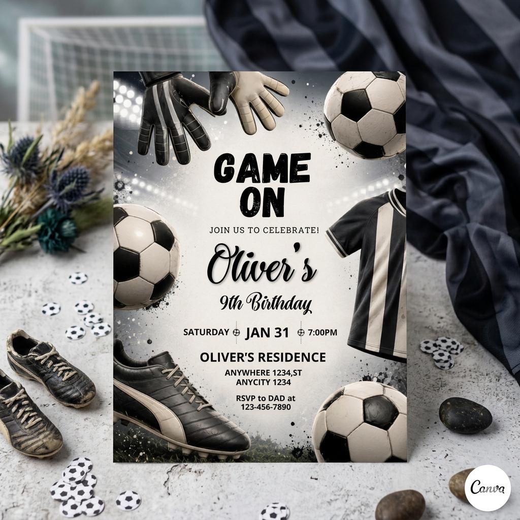 Editable Soccer Birthday Invitation Template, Football Invite, Kids Soccer Invite, Instant Download, Canva. Let's Kick it Soccer Invite