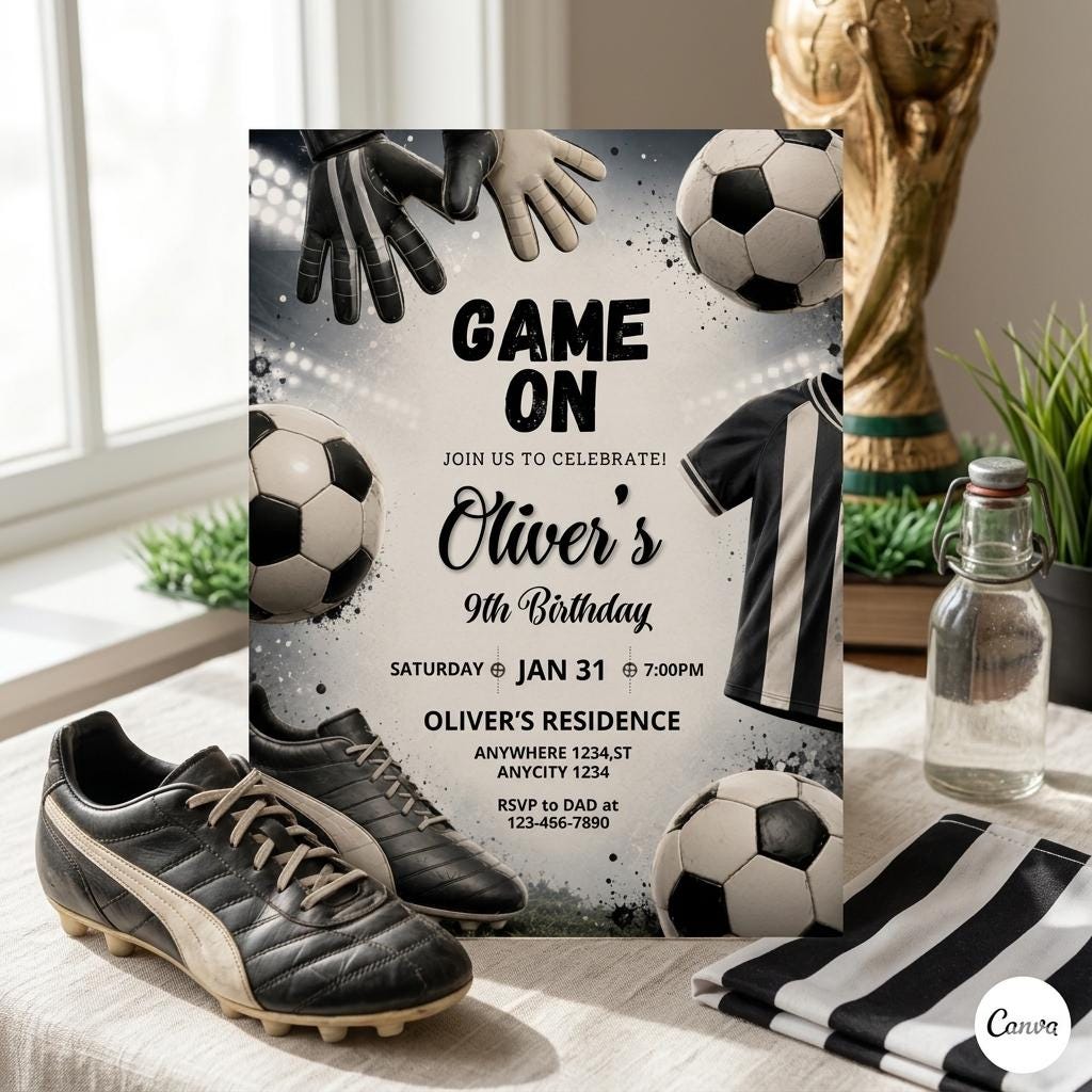 Editable Soccer Birthday Invitation Template, Football Invite, Kids Soccer Invite, Instant Download, Canva. Let's Kick it Soccer Invite