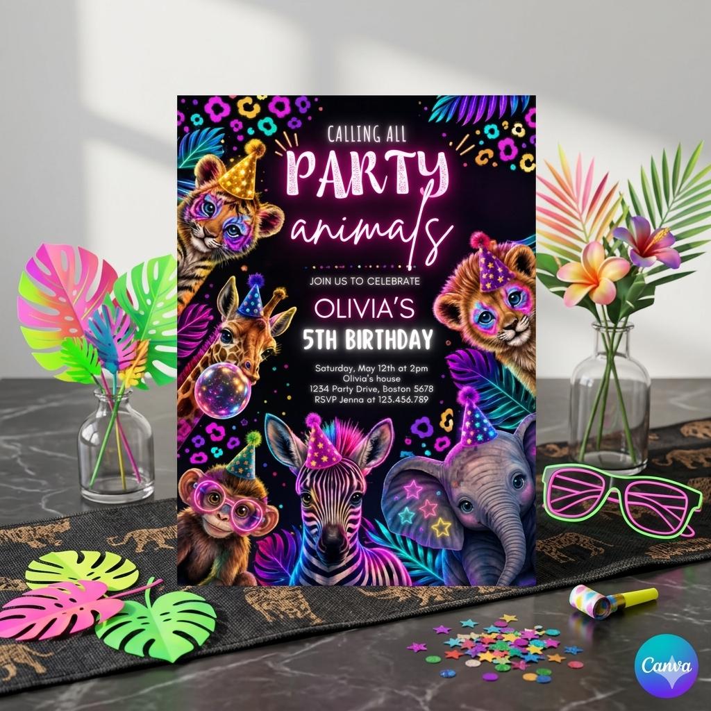Editable Party Animals Birthday Invitation Pastel Rainbow Cheetah Print Leopard Print Wild Safari Animals Birthday Party Invite Download