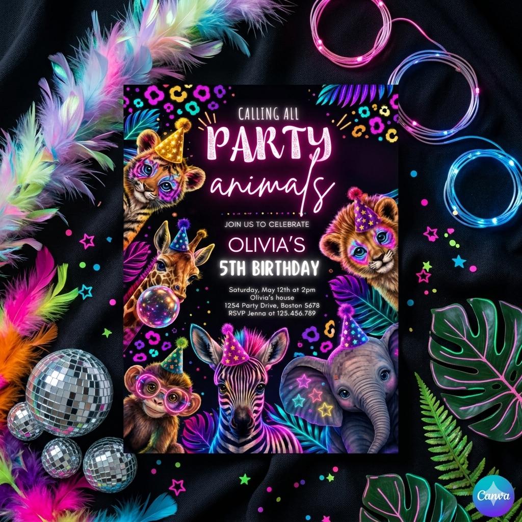 Editable Party Animals Birthday Invitation Pastel Rainbow Cheetah Print Leopard Print Wild Safari Animals Birthday Party Invite Download