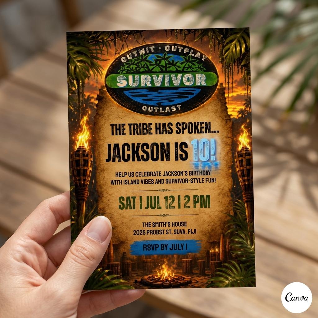 Editable Survivor Birthday Invitation , Tribal Party Theme , Birthday Digital Invite , Printable Island Birthday (Editable Canva Template)