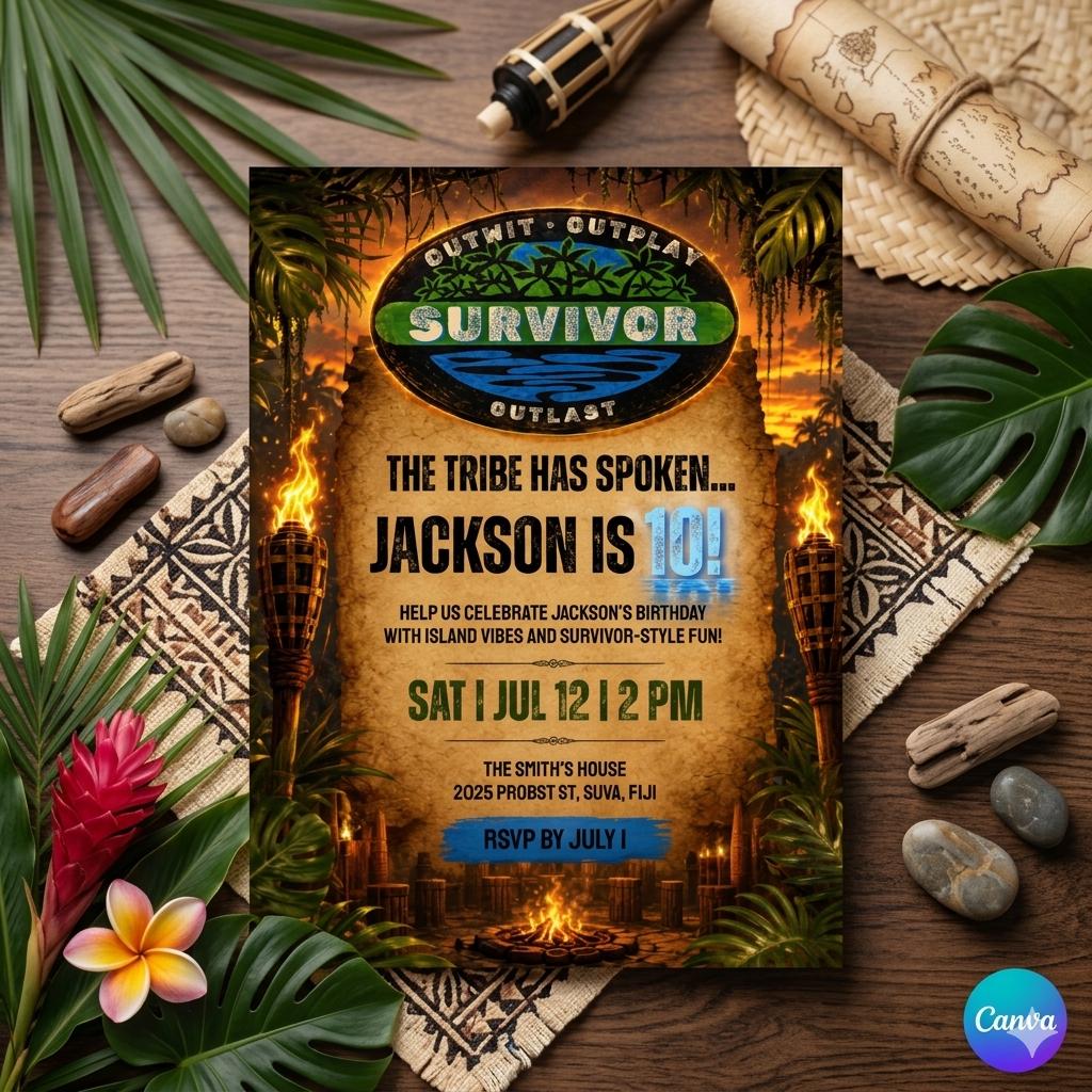 Editable Survivor Birthday Invitation , Tribal Party Theme , Birthday Digital Invite , Printable Island Birthday (Editable Canva Template)