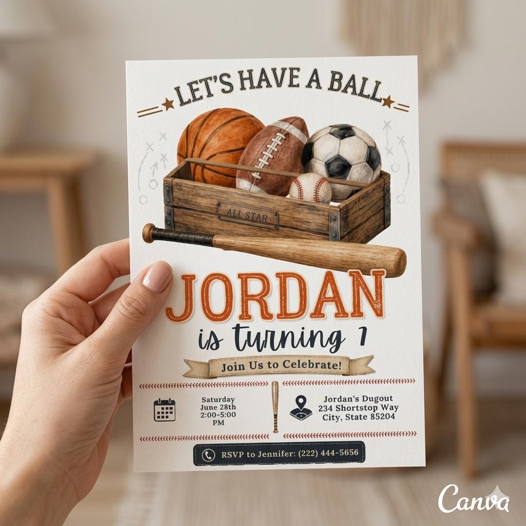 Sports Birthday Invitation , All Star Sports Birthday Invitation, Printed Party Invite , editibale canva