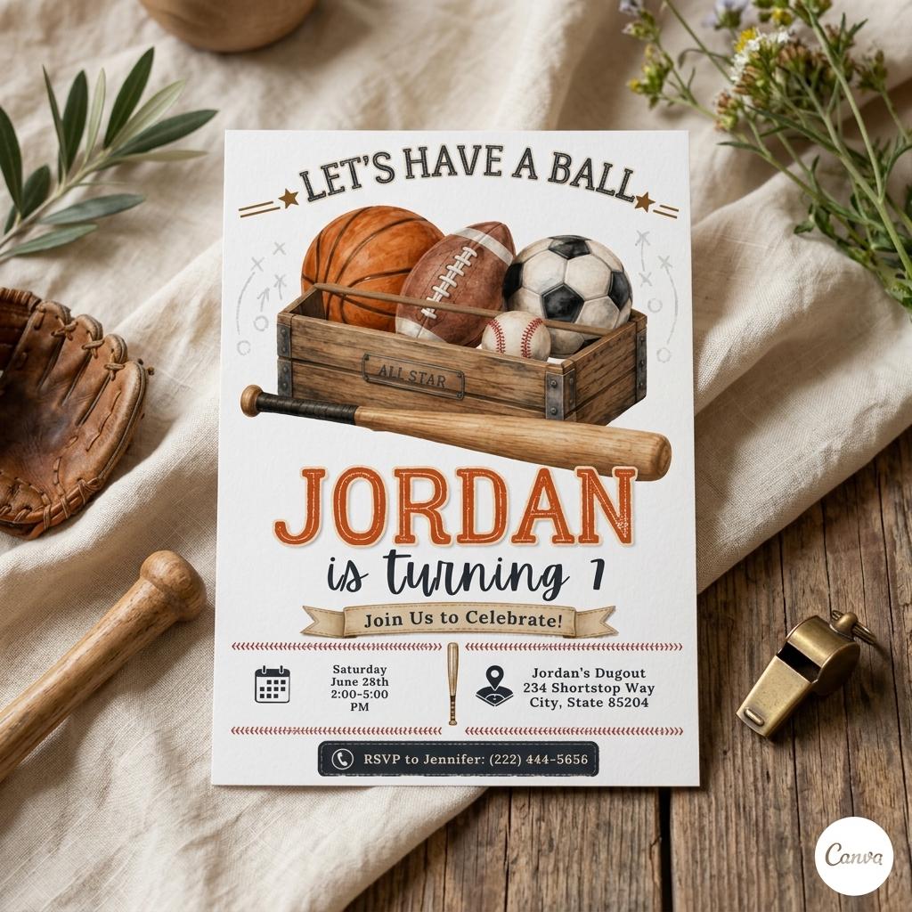 Sports Birthday Invitation , All Star Sports Birthday Invitation, Printed Party Invite , editibale canva