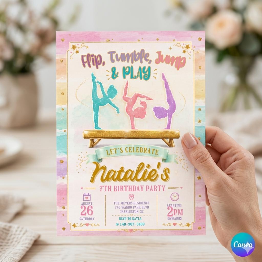 Editable Gymnastics Birthday Invitation, Gymnastics Party Invitation Template, Jump Tumble & Play Girl Rainbow Gymnastics Birthday Invite