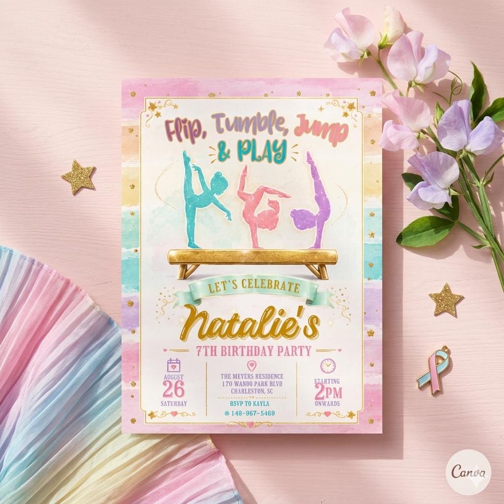 Editable Gymnastics Birthday Invitation, Gymnastics Party Invitation Template, Jump Tumble & Play Girl Rainbow Gymnastics Birthday Invite