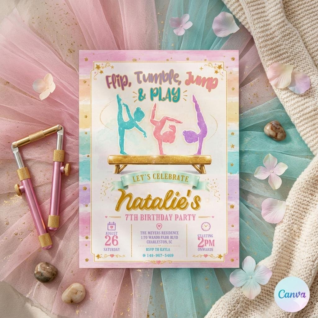 Editable Gymnastics Birthday Invitation, Gymnastics Party Invitation Template, Jump Tumble & Play Girl Rainbow Gymnastics Birthday Invite