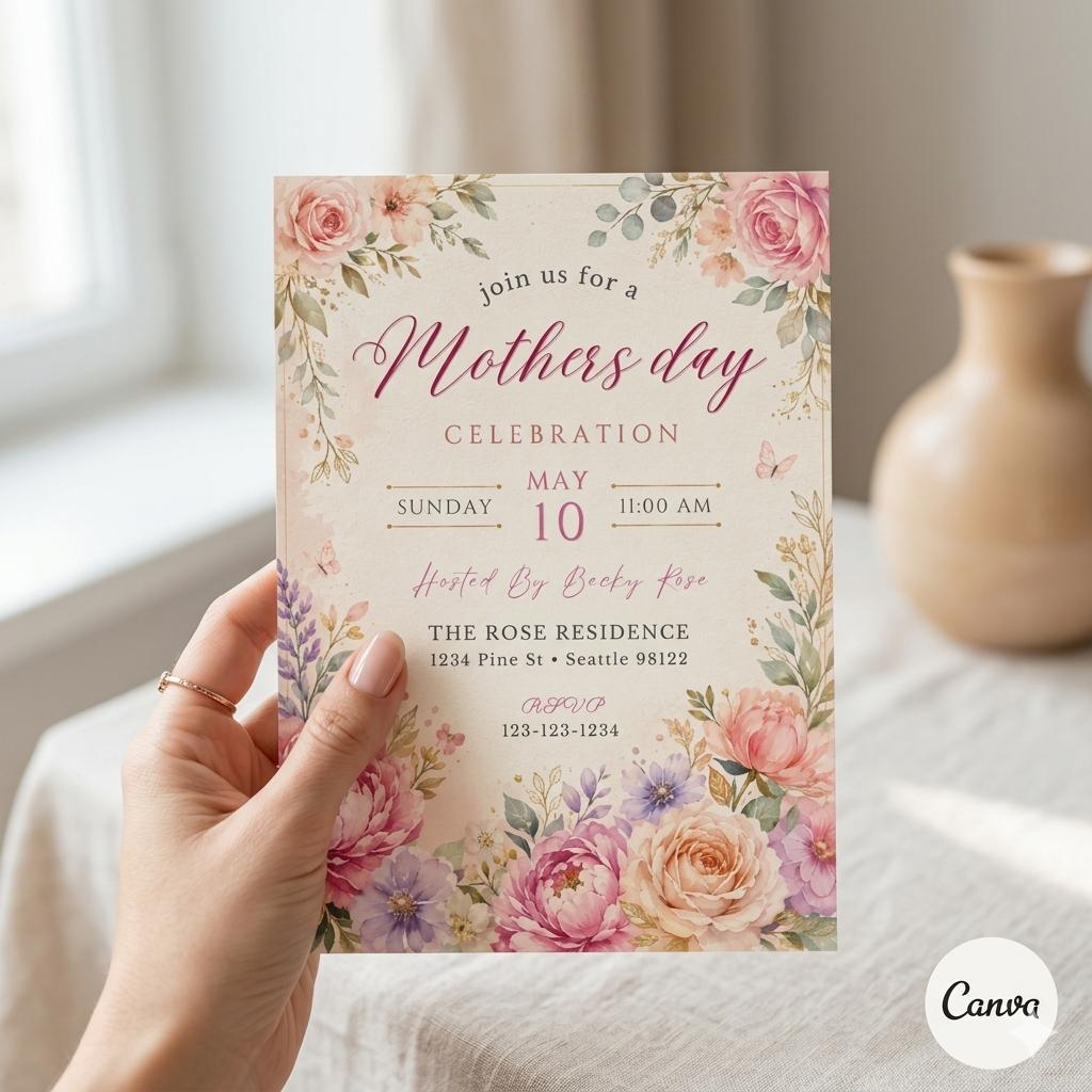 Mother’s Day Invitation Template, Editable Canva Invite, Printable or Mobile Invitation, Floral Celebration Invite, Instant Download,Digital