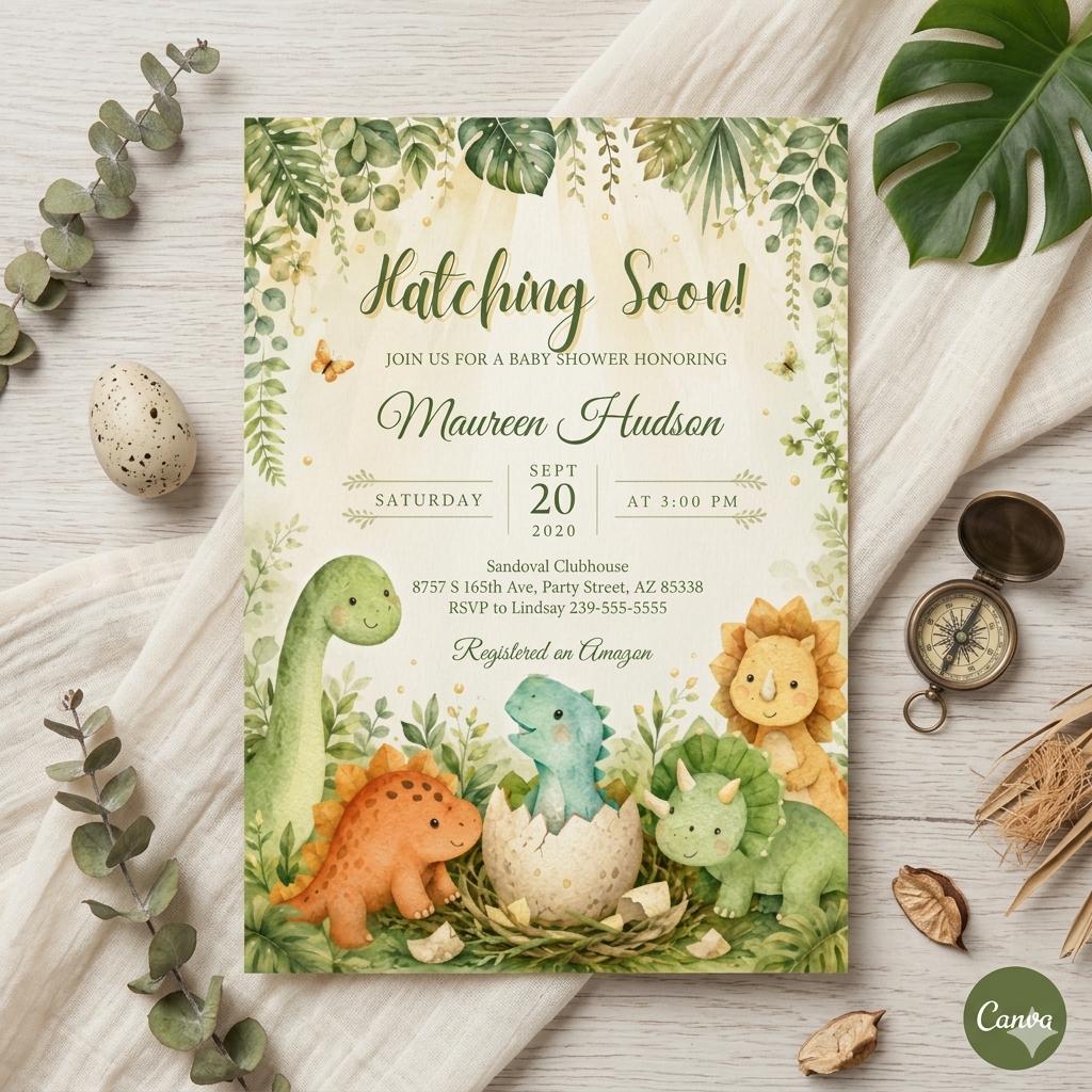 Hatching Soon Baby Shower Invitation,Editable Baby Dino Boy Invite,Dinosaur Egg Couples Template Mobile Evite Hsb – Editable Canva Template