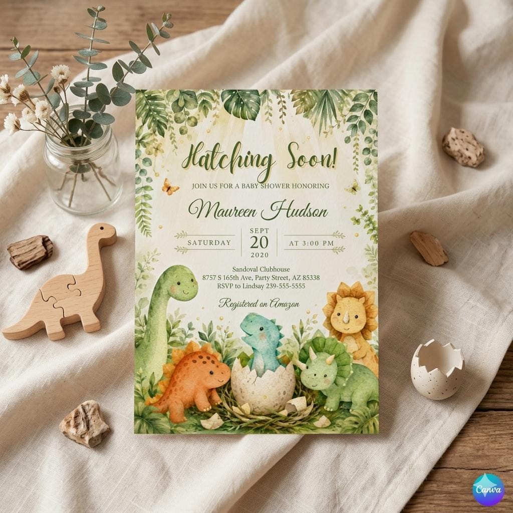 Hatching Soon Baby Shower Invitation,Editable Baby Dino Boy Invite,Dinosaur Egg Couples Template Mobile Evite Hsb – Editable Canva Template