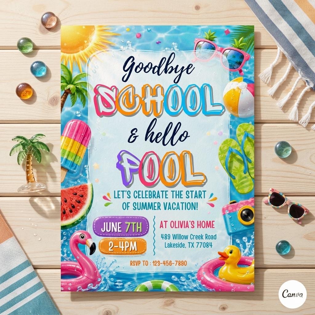 Goodbye School Hello Pool Invitation, End of School Pool Party Invite, Editable Summer Break Party Invite, Printable Canva Template