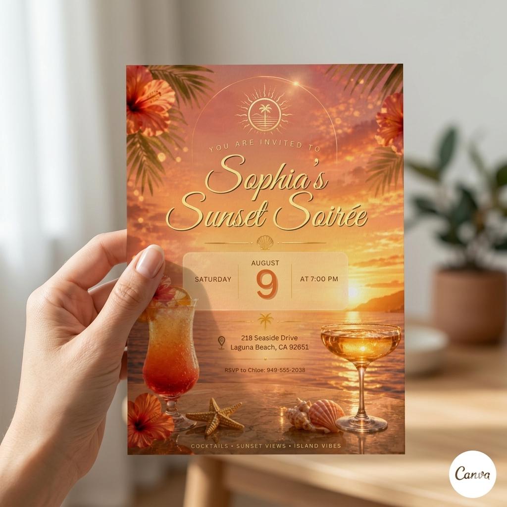 Sunset Soirée Summer Party Invitation for Print and Mobile (Editable Canva, Digital Download)
