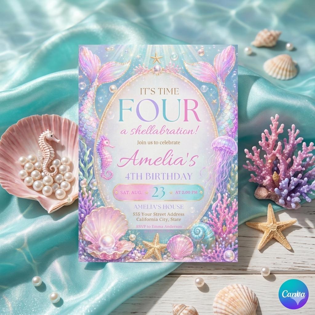 Mermaid Four Birthday Invitation, Mermaid Invitation, Mermaid Bash Under The Sea 4th Birthday Invite, 5x7 Invites