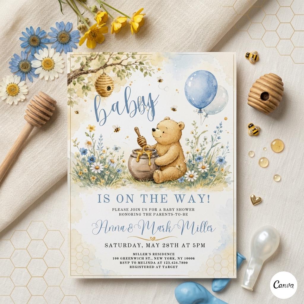 Winnie the Pooh Baby Shower Invitation Boy , Classic Pooh Invite , Editable Canva Template , Instant Download