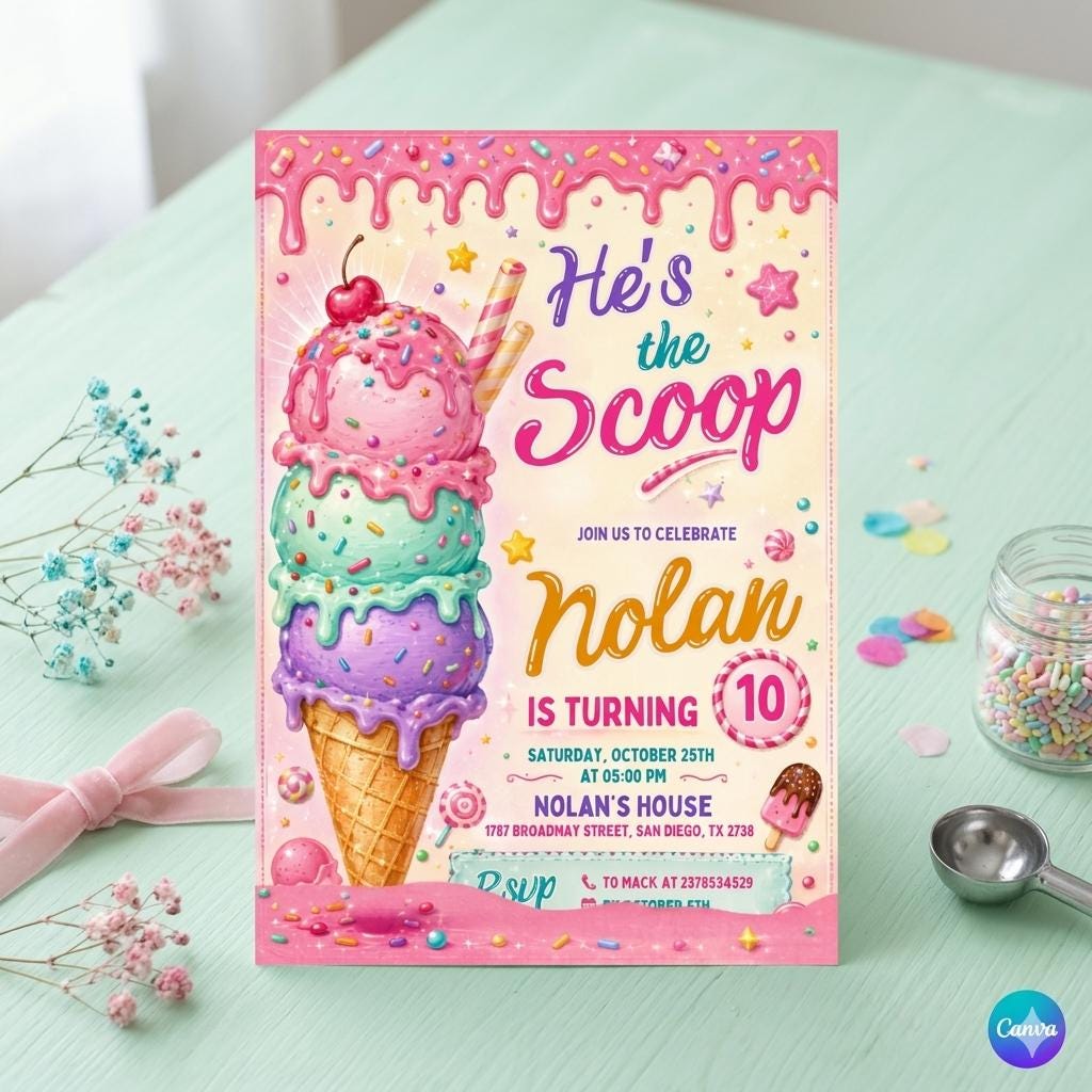 Ice Cream Birthday Invitation for Girl Birthday Invite, Ice Cream Party Invitation, Here's the Scoop Pink Purple Mint, Ice Cream Canva
