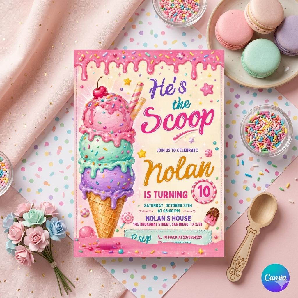 Ice Cream Birthday Invitation for Girl Birthday Invite, Ice Cream Party Invitation, Here's the Scoop Pink Purple Mint, Ice Cream Canva