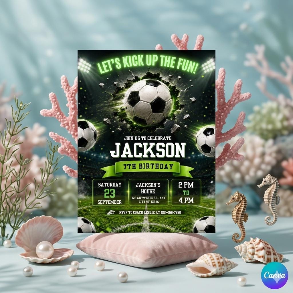 Soccer Birthday Invitation Template Bundle, Kid Soccer Birthday Canva Invitation, Printable Birthday Party Invitation, Kids Party Invite 5x7