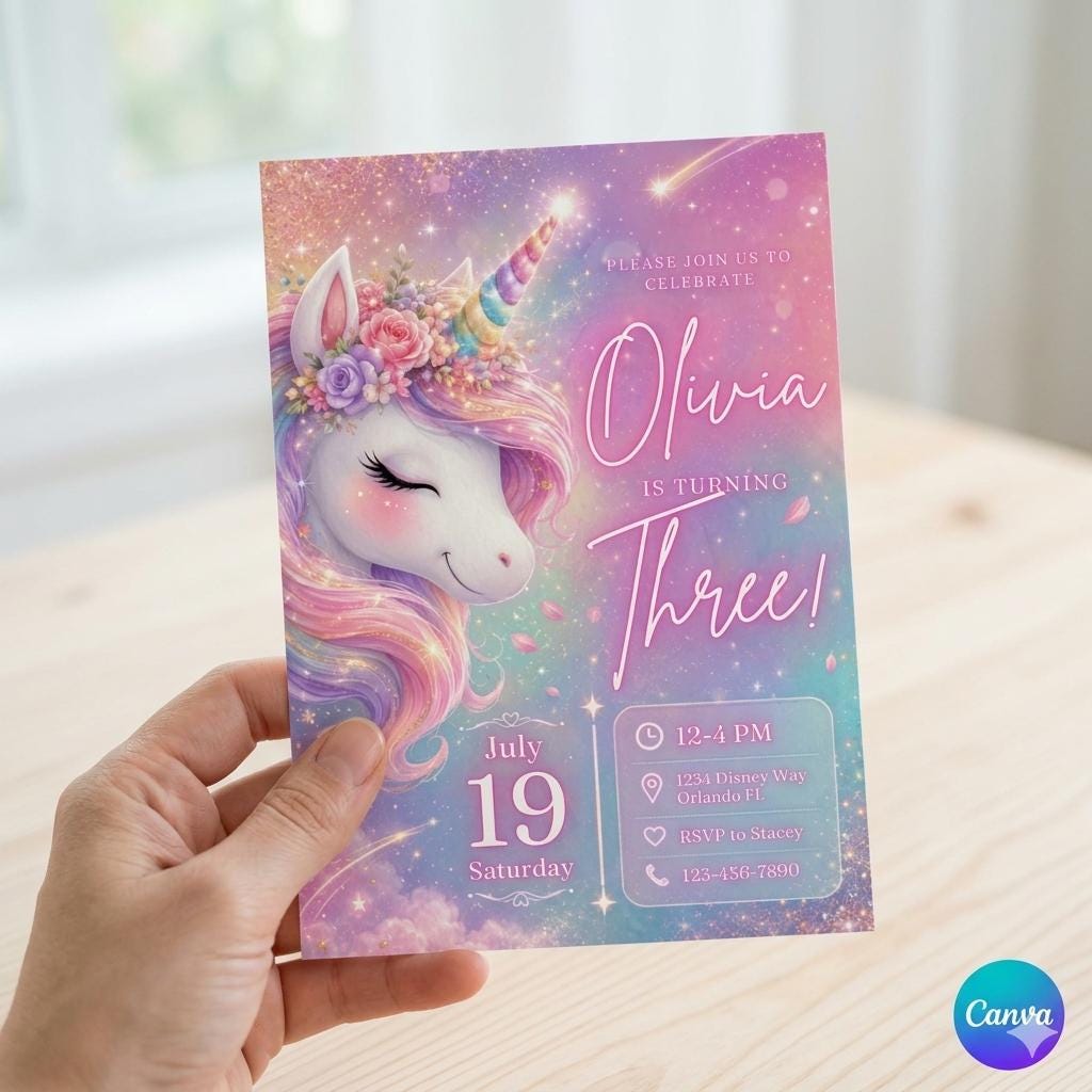 Watercolor Unicorn Birthday Invitation for Girls , Custom Printed Invite , Magical Pastel Rainbow First Birthday Party , Envelopes Included