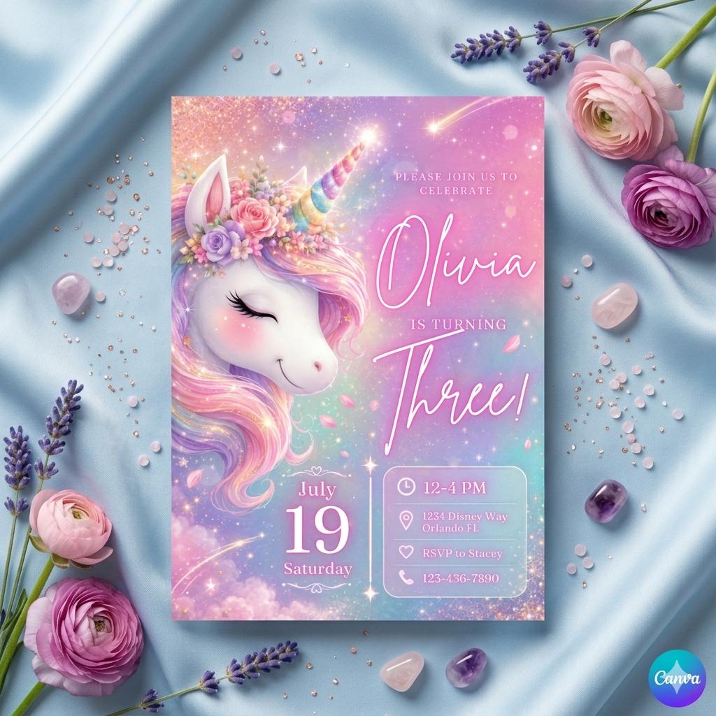 Watercolor Unicorn Birthday Invitation for Girls , Custom Printed Invite , Magical Pastel Rainbow First Birthday Party , Envelopes Included