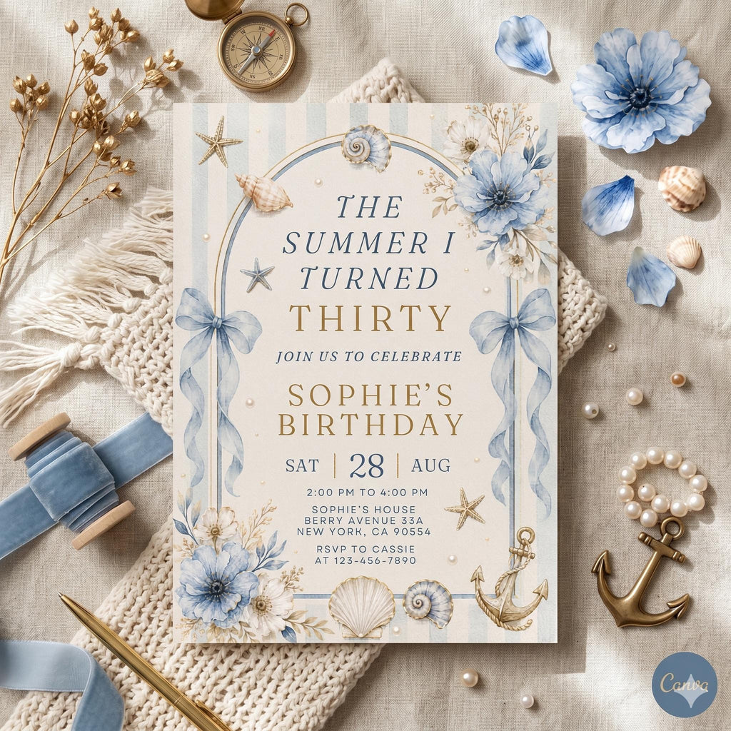 The Summer I Turned Thirty Invitation, Any Age Invitation, Coastal 30th Birthday Invitation, Beach Party Invitation, Editable Canva