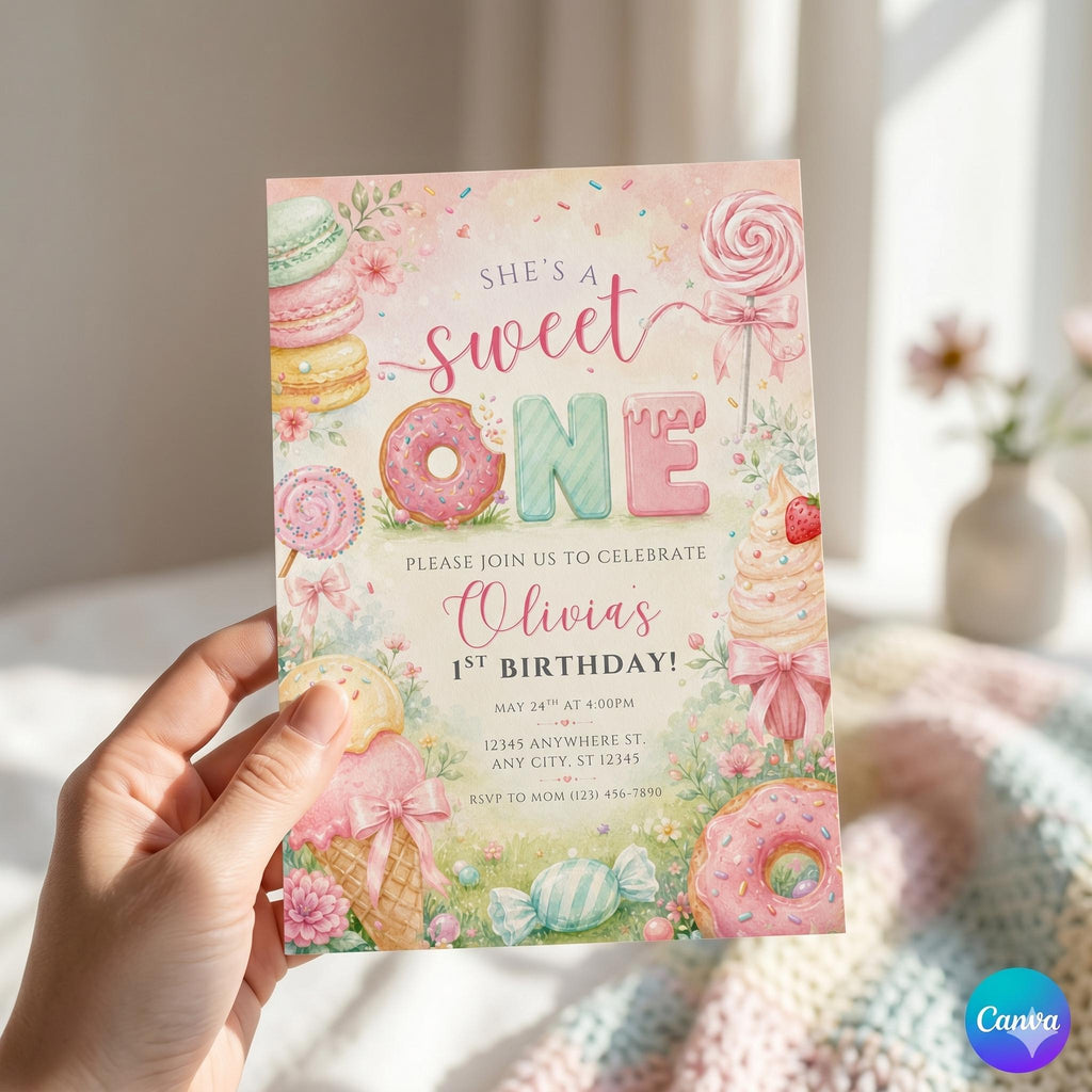 Sweet One Birthday Invitation: Dessert Theme, Candy, Donut, Ice Cream Party (Digital Download)