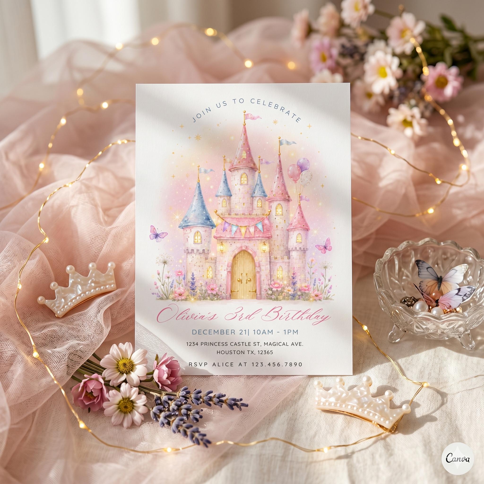 Princess Castle Birthday Invitation, Editable Template (Digital Download)