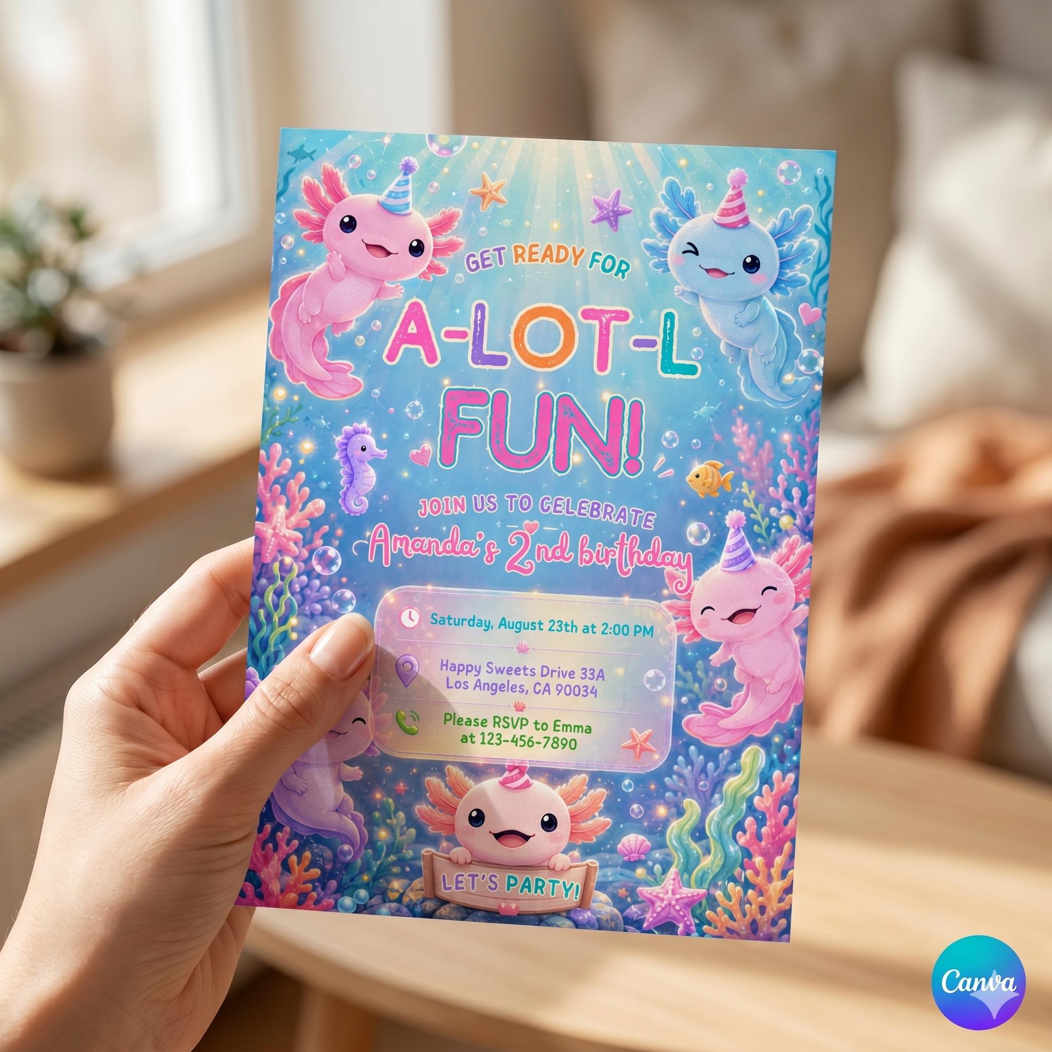 Axolotl Birthday Invitation, Axolotl Birthday Invites, Under Sea Birthday Invitation, Editable Canva