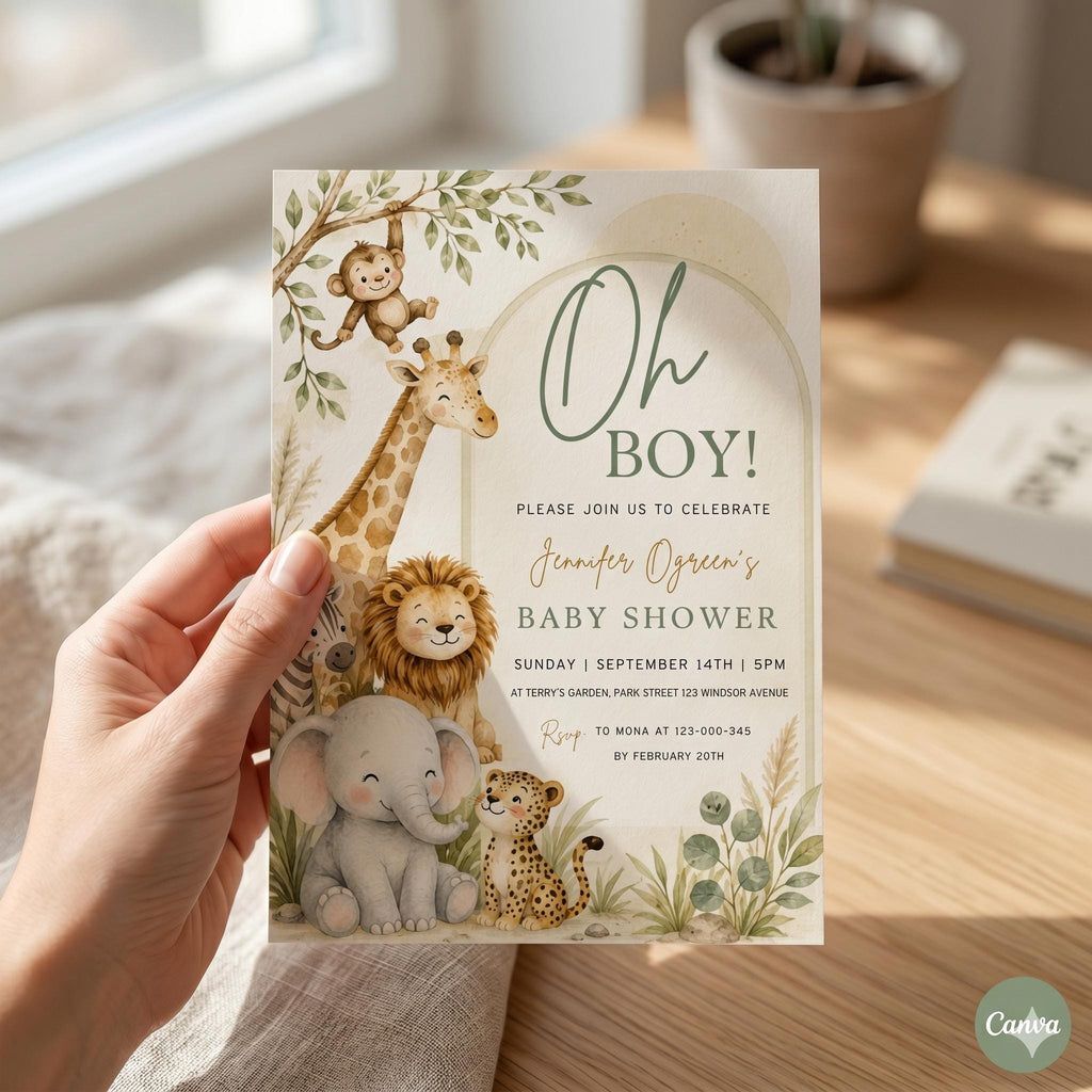 Safari Baby Shower Invitation Boy : Jungle Theme, Editable and Printable Invite, Wild One