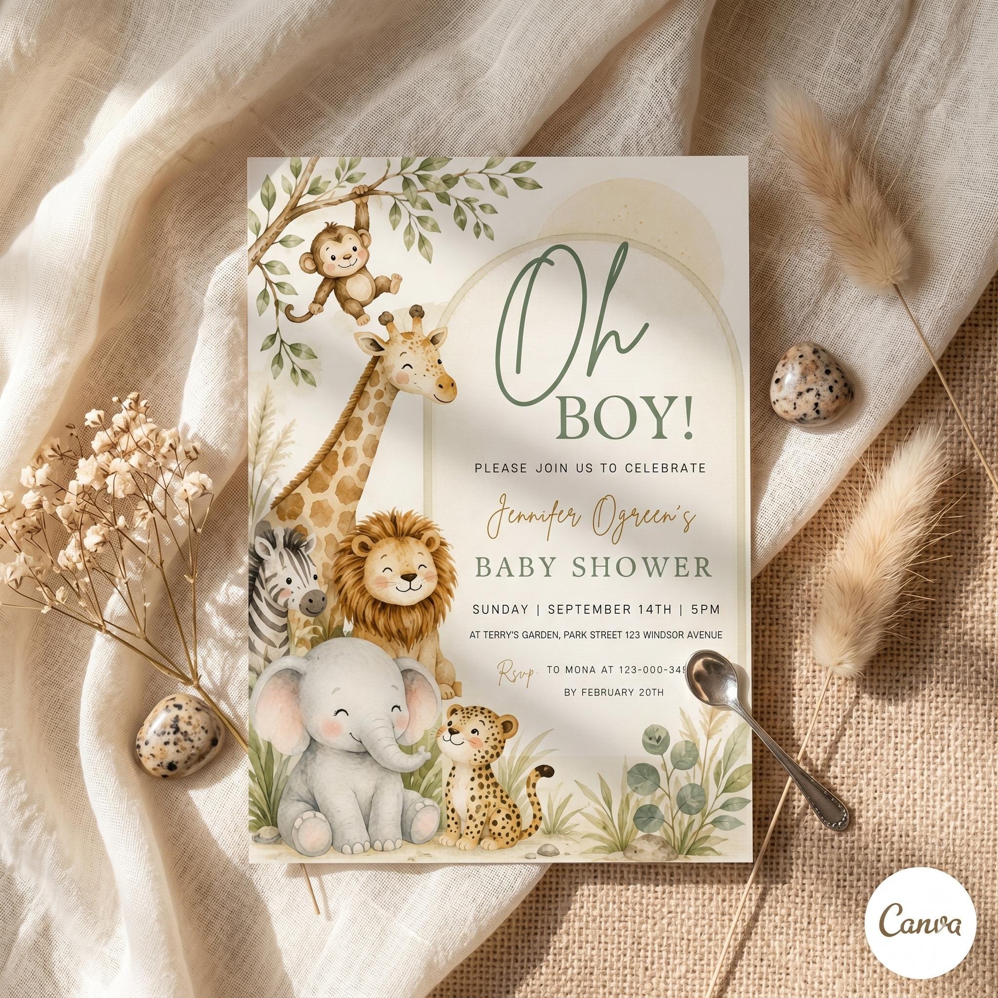 Safari Baby Shower Invitation Boy : Jungle Theme, Editable and Printable Invite, Wild One