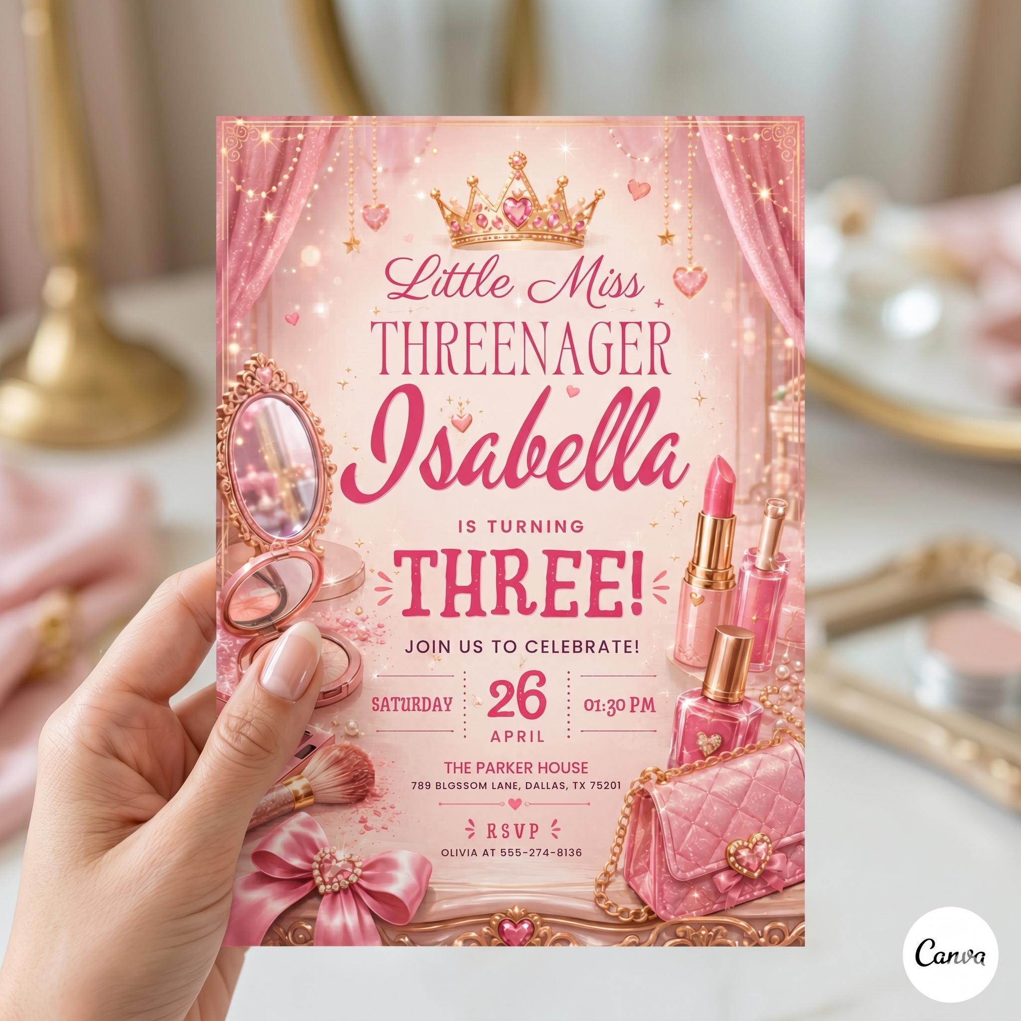 Fashion & Makeup Miss Threenager Birthday Party Invitation Card Template, Digital Girls Spa 3rd Birthday Invite (Canva template)