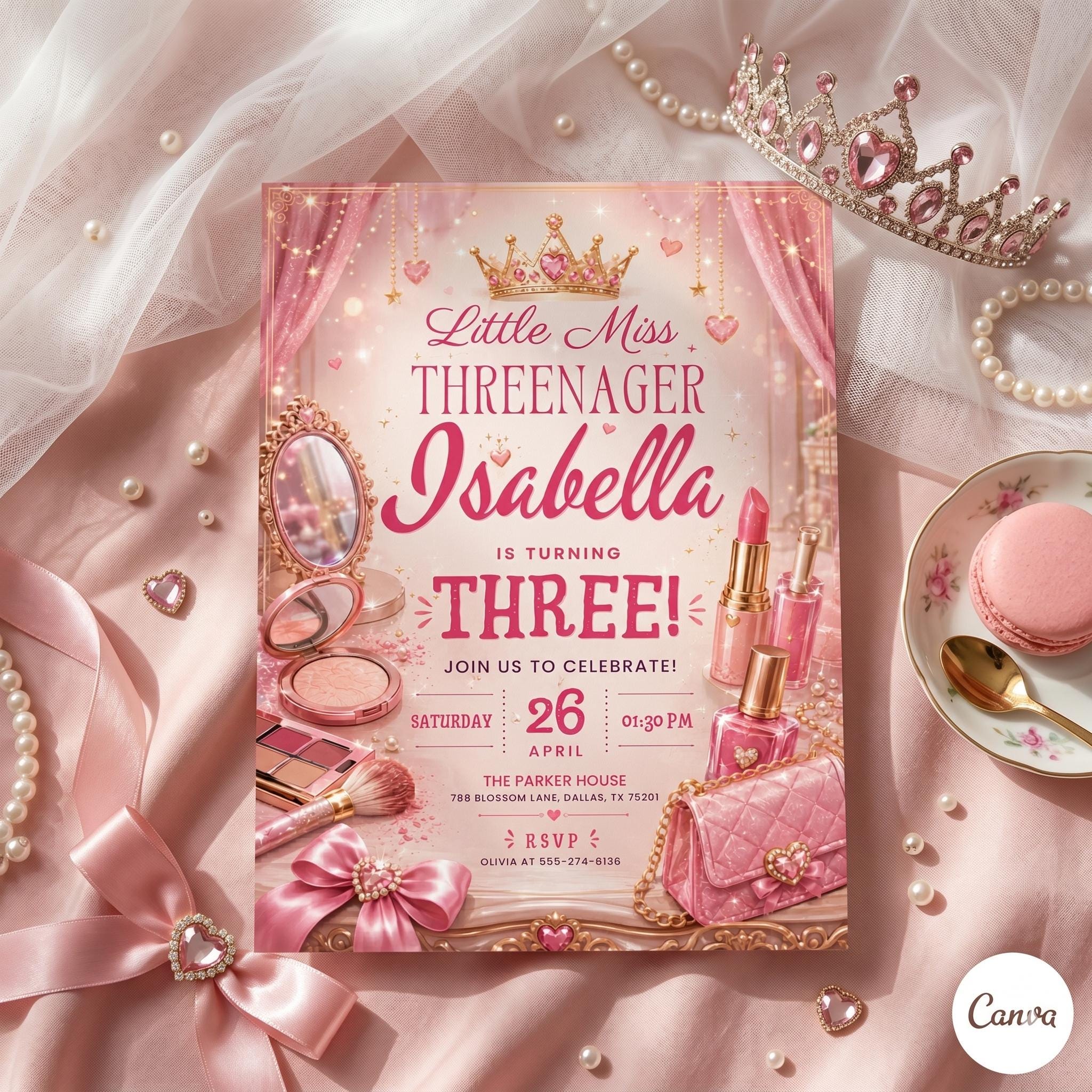 Fashion & Makeup Miss Threenager Birthday Party Invitation Card Template, Digital Girls Spa 3rd Birthday Invite (Canva template)