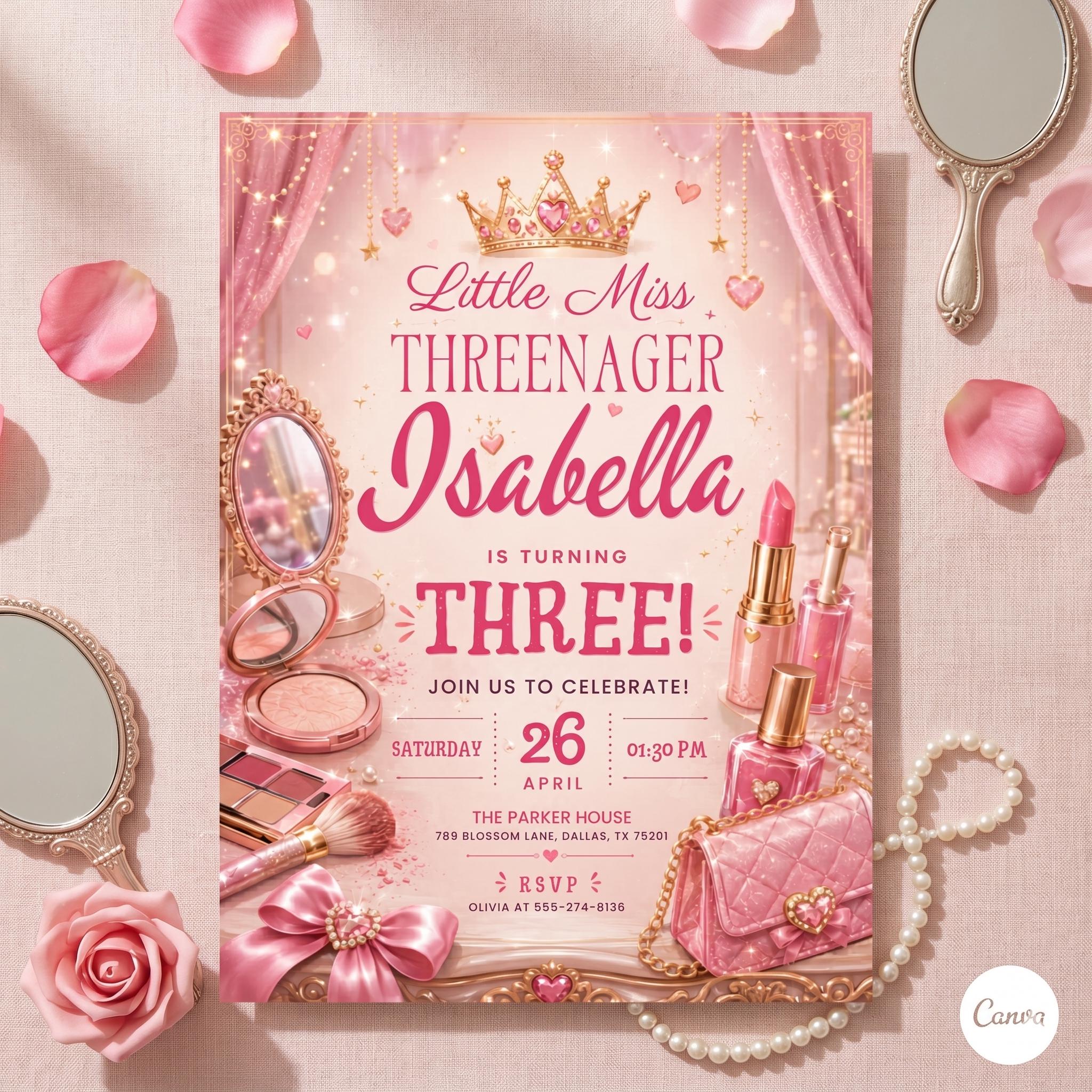 Fashion & Makeup Miss Threenager Birthday Party Invitation Card Template, Digital Girls Spa 3rd Birthday Invite (Canva template)