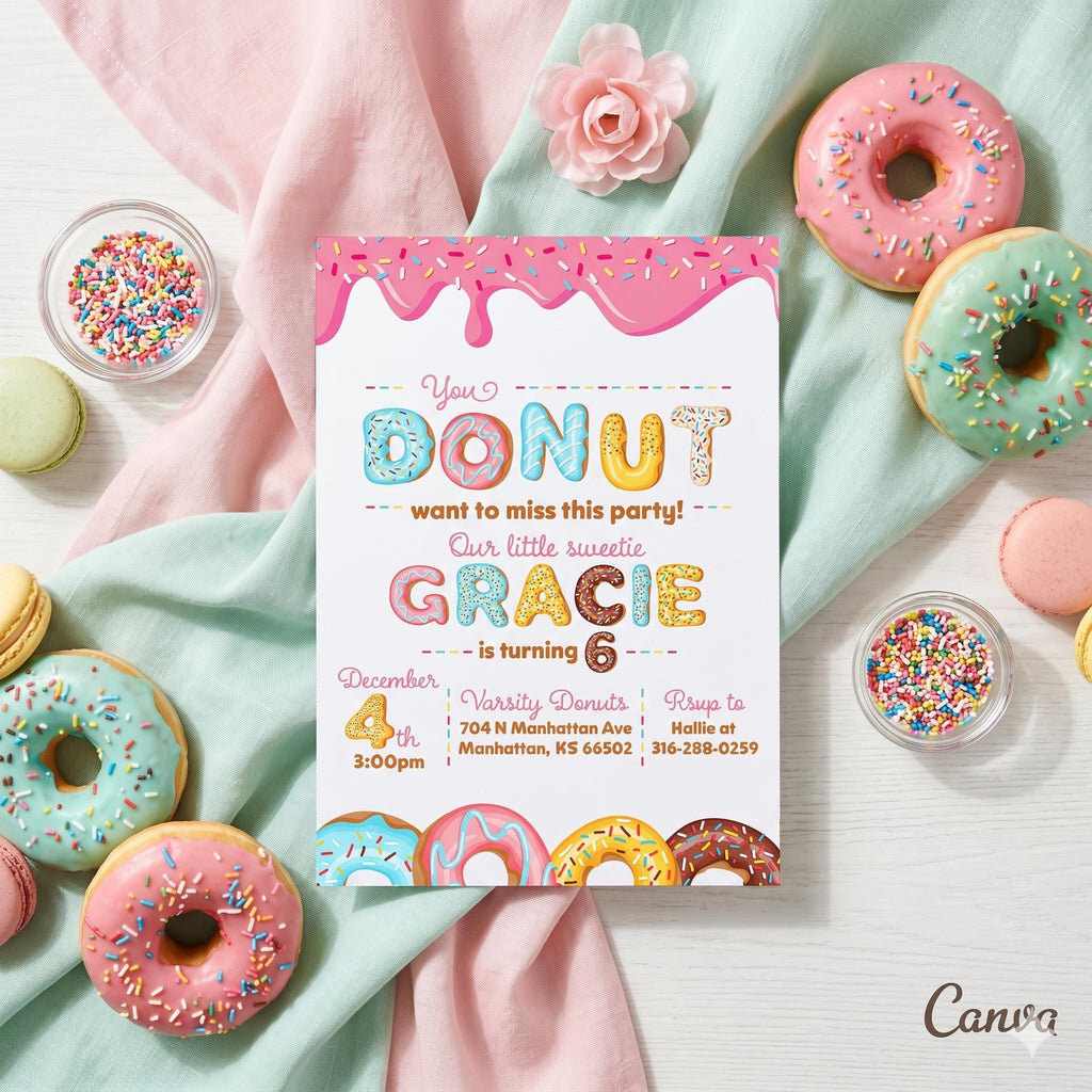 Donut Birthday, Sweet One, Little Sweetie, Party Invitation, Printed Invitation with Envelopes