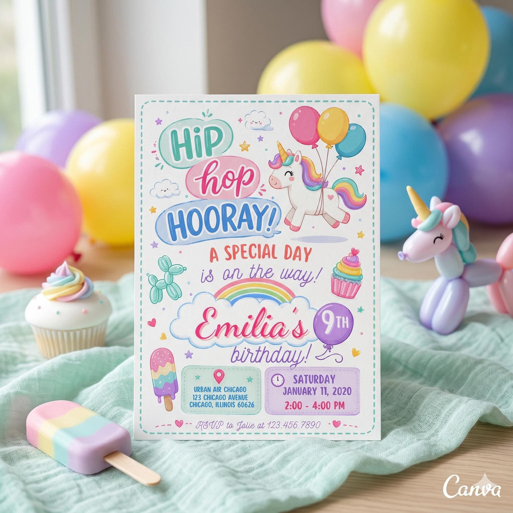 Hip Hip Hooray Kids Birthday Invitation, Rainbow Party Invite, Colorful Birthday Printable, First Birthday Invitation, Canva Template