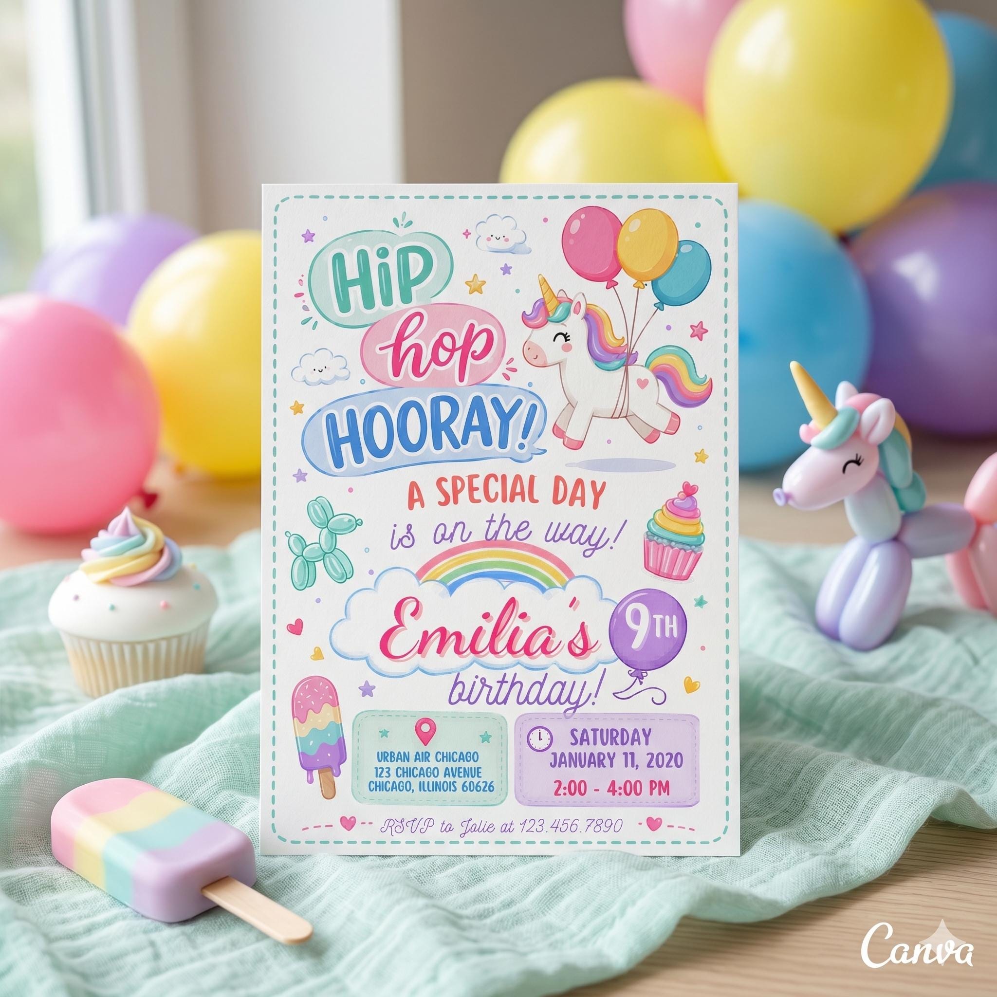 Hip Hip Hooray Kids Birthday Invitation, Rainbow Party Invite, Colorful Birthday Printable, First Birthday Invitation, Canva Template
