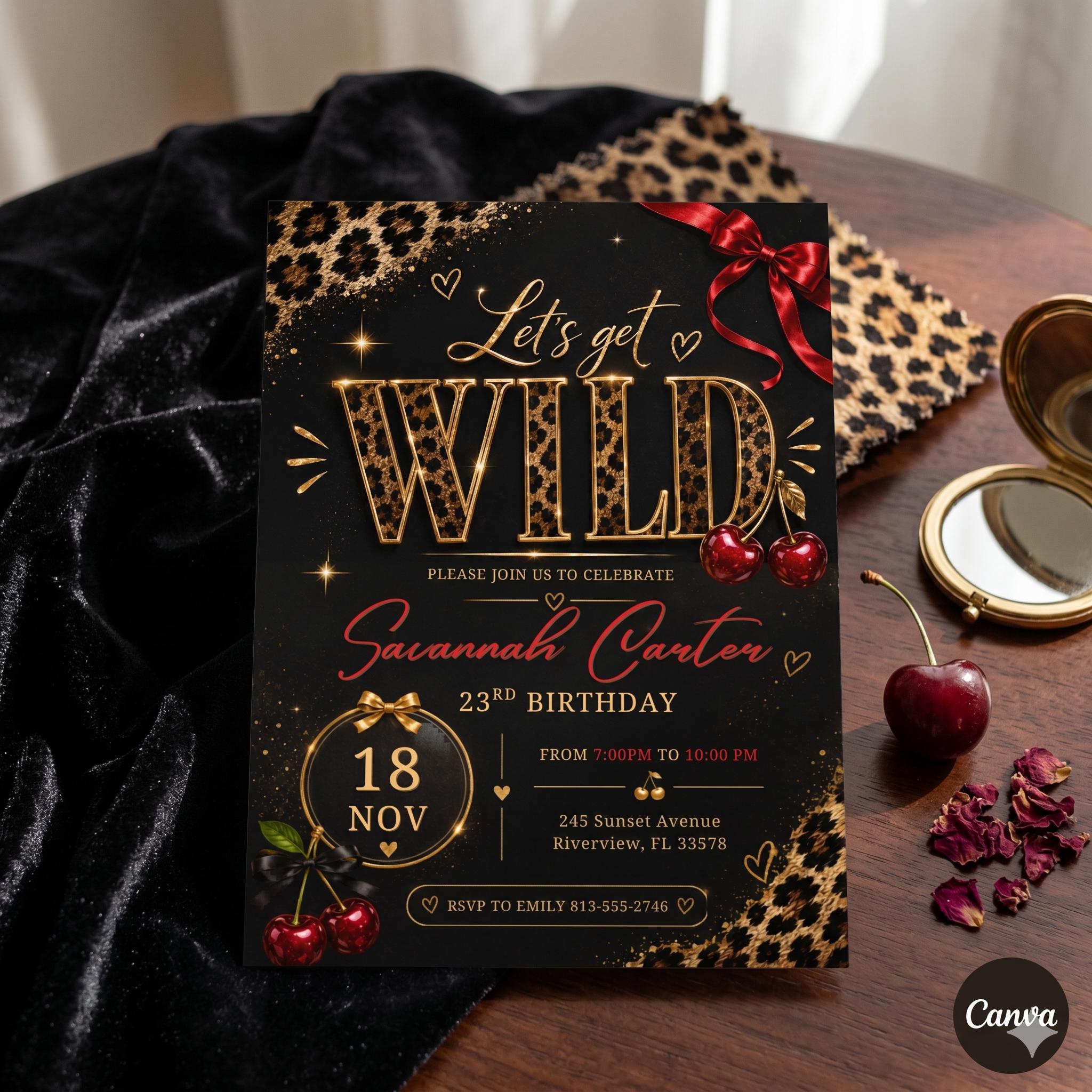 Leopard Print, Let’s Get Wild Birthday Invitation, 21st Bday, Girls Night Out, Cherry & Animal Print Party Invite, Cheetah Cherry