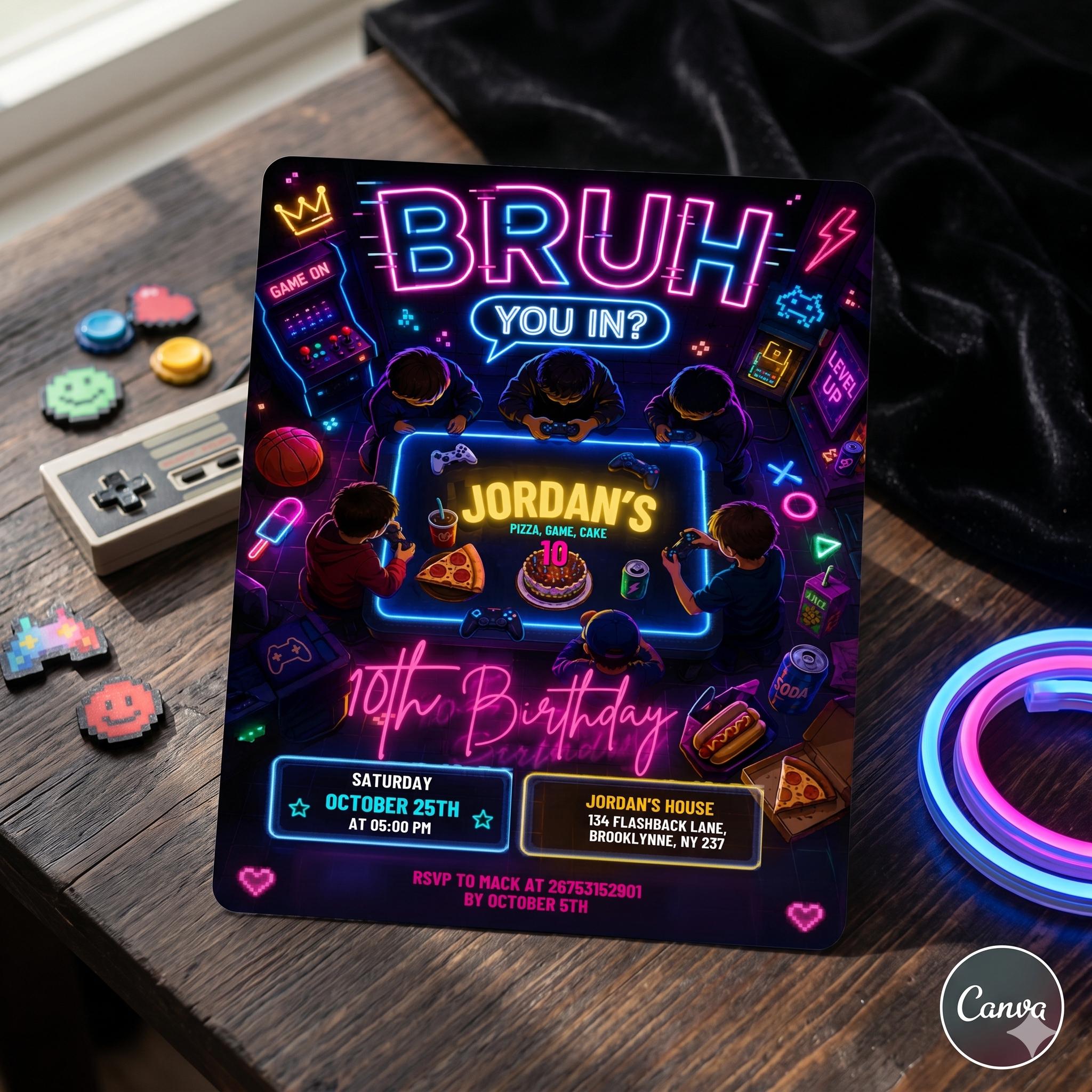 Neon Gamer Birthday Invitation, Teenager Invite, Canva Template (Digital Download)