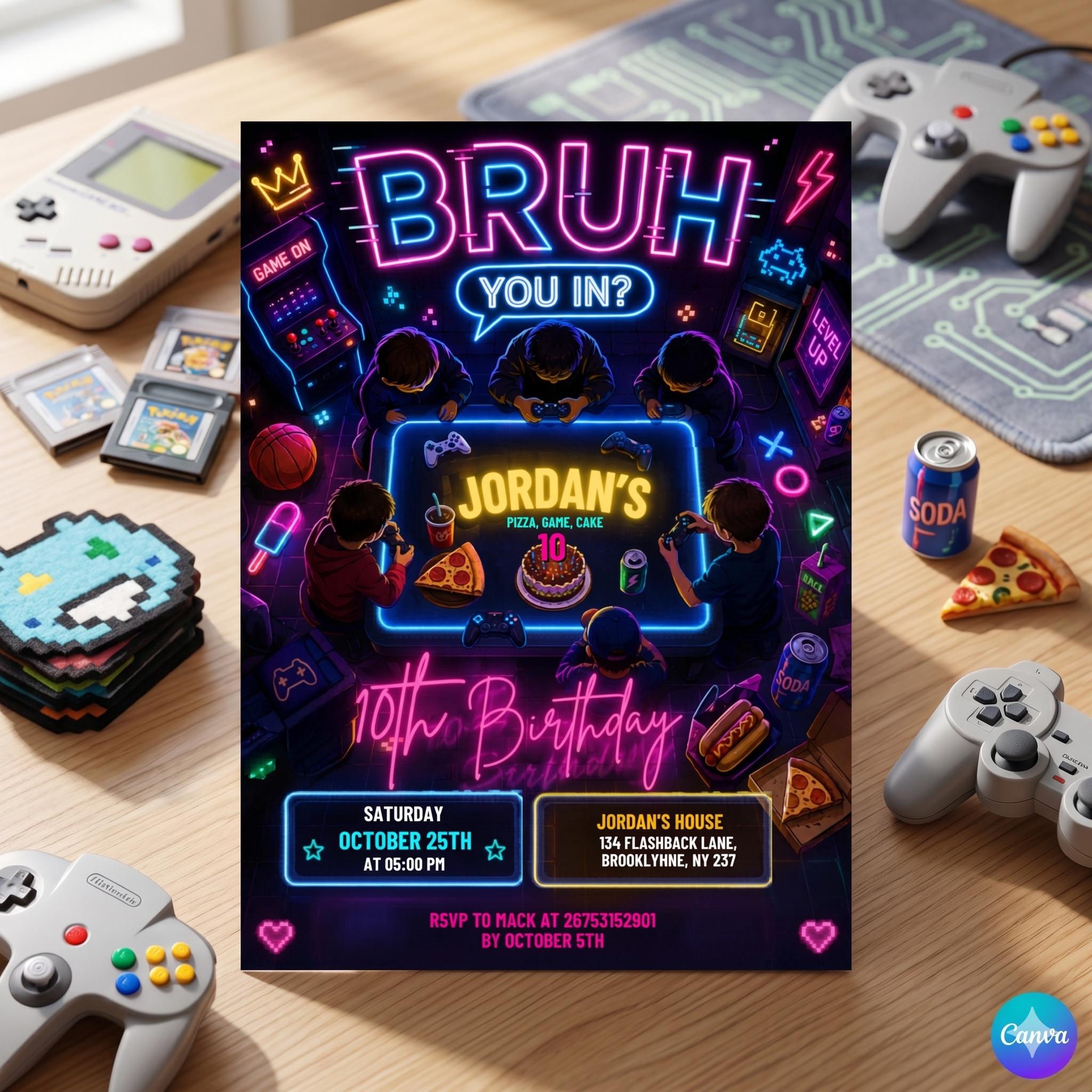 Neon Gamer Birthday Invitation, Teenager Invite, Canva Template (Digital Download)