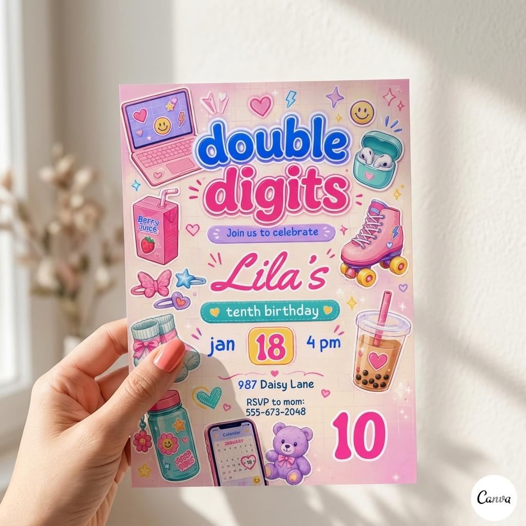 Hello Double Digits girl birthday invitation, 10th birthday party invitation, Preppy invitation editable, ten birthday invitation