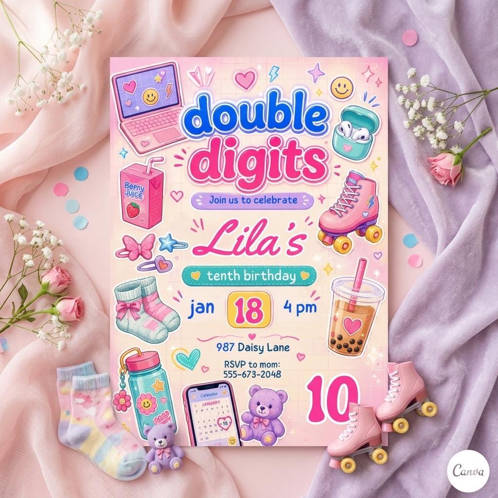 Hello Double Digits girl birthday invitation, 10th birthday party invitation, Preppy invitation editable, ten birthday invitation