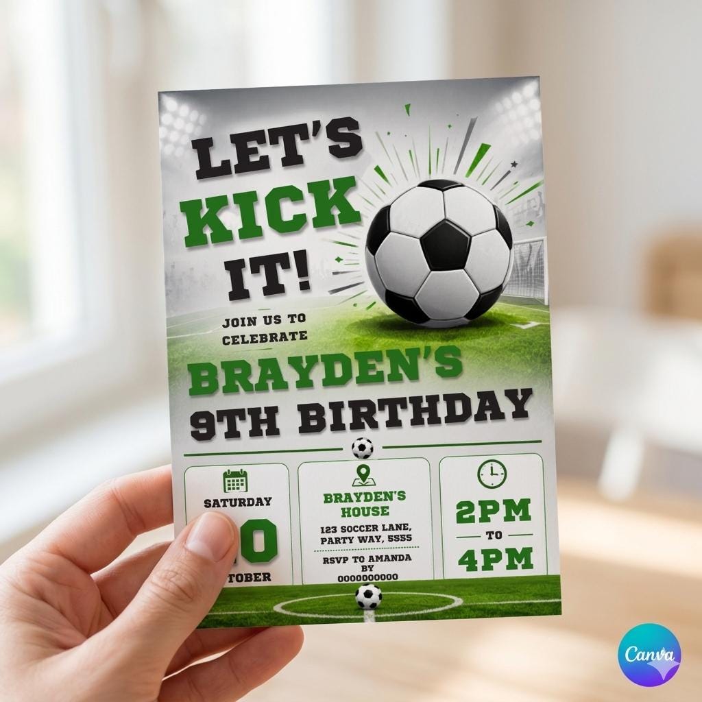 Editable Soccer Birthday Invitation Template, Football Invite, Kids Soccer Invite, Instant Download, Canva. Let's Kick it Soccer Invite