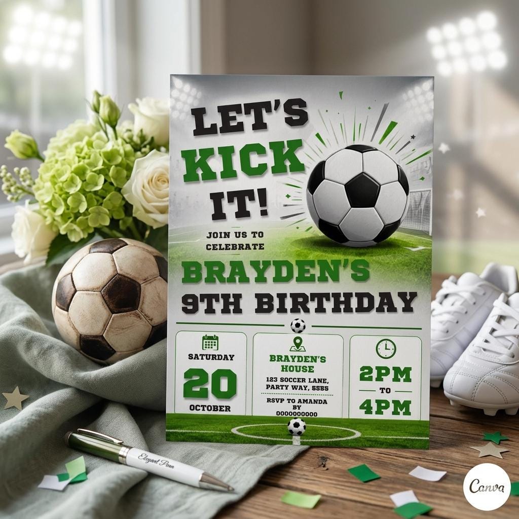 Editable Soccer Birthday Invitation Template, Football Invite, Kids Soccer Invite, Instant Download, Canva. Let's Kick it Soccer Invite