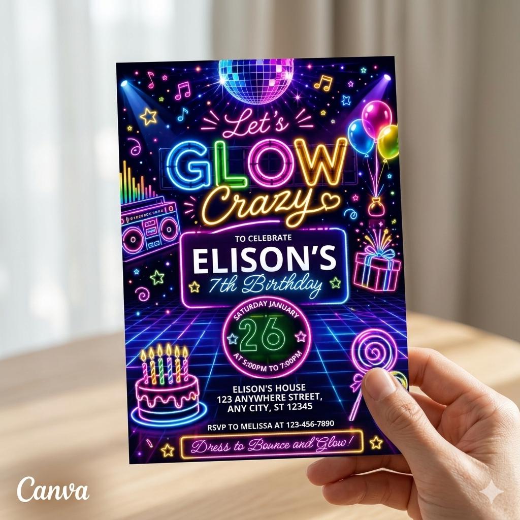 Glow Party Birthday Invitation, Neon Glow Crazy Template (Digital Download)