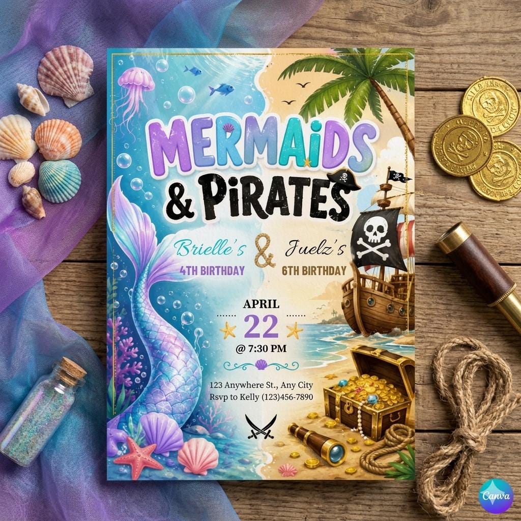 Mermaid and Pirate Birthday Invitation | Sibling Party Invite | Editable Joint Birthday Template