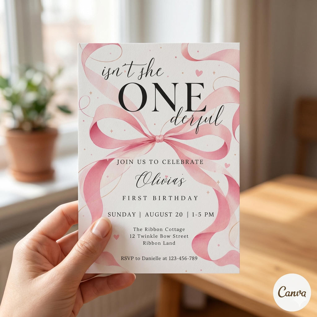 Isn't She One-derful – First Birthday Invitation, Pink Coquette Ribbon Party Invite (Digital Download)
