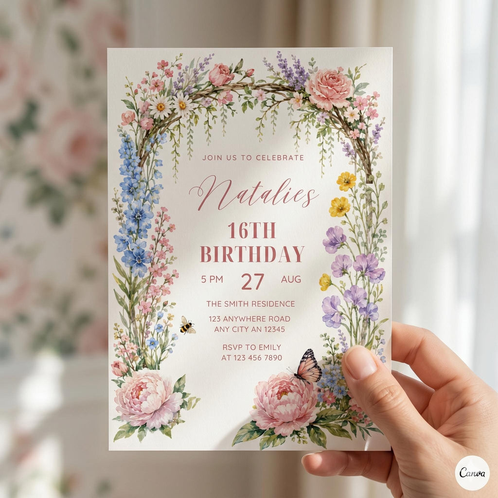 Spring Floral Party Birthday Invitation, Printable DIY Party, Flowers Birthday Invite, Spring Party, Editable Birthday Party Invite