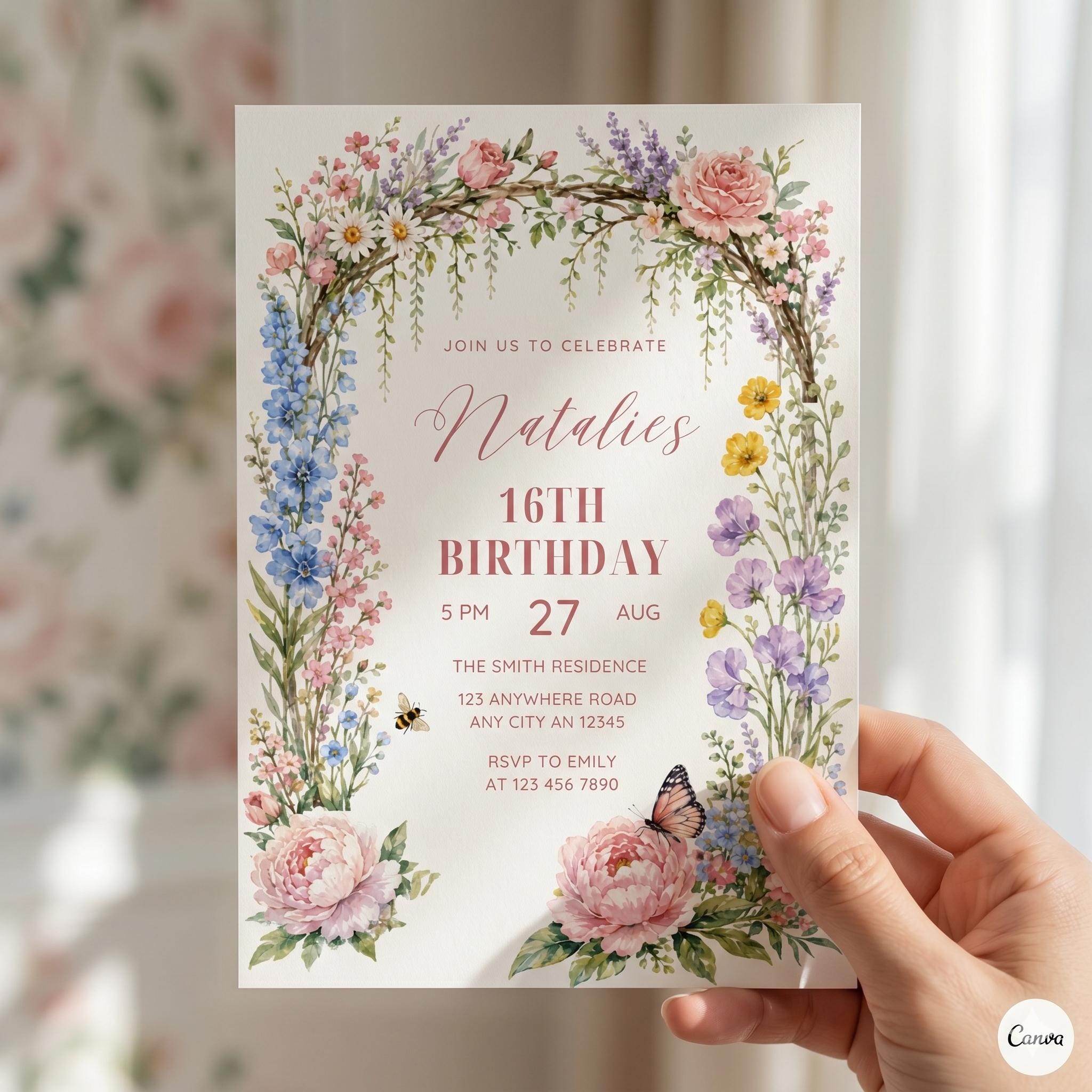 Spring Floral Party Birthday Invitation, Printable DIY Party, Flowers Birthday Invite, Spring Party, Editable Birthday Party Invite