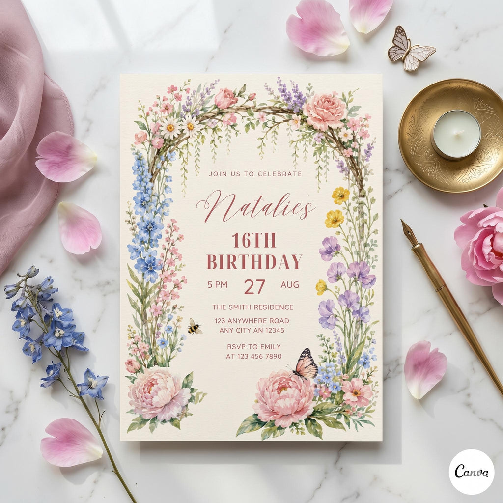 Spring Floral Party Birthday Invitation, Printable DIY Party, Flowers Birthday Invite, Spring Party, Editable Birthday Party Invite